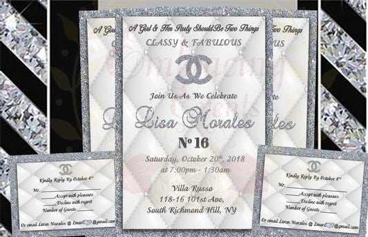 Chanel Inspired Invitations & RSVP- Silver - Digital File